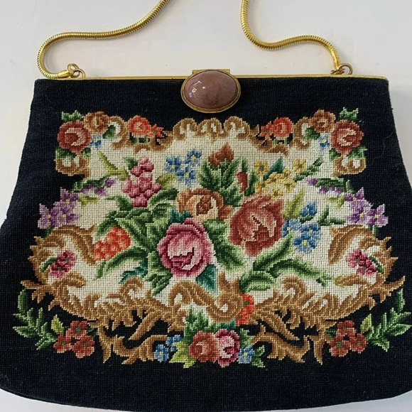 Vintage Floral Petit Point Rose Quartz Gold Filigree Embroidered Black Handbag - Picture 15 of 16